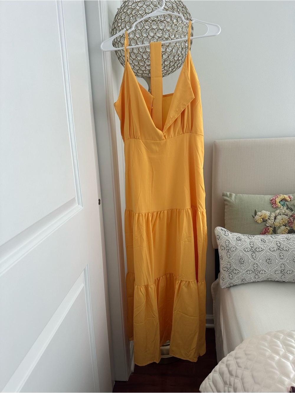 Yellow Tiered V-Neck Spaghetti Strap Dress pearl buttons